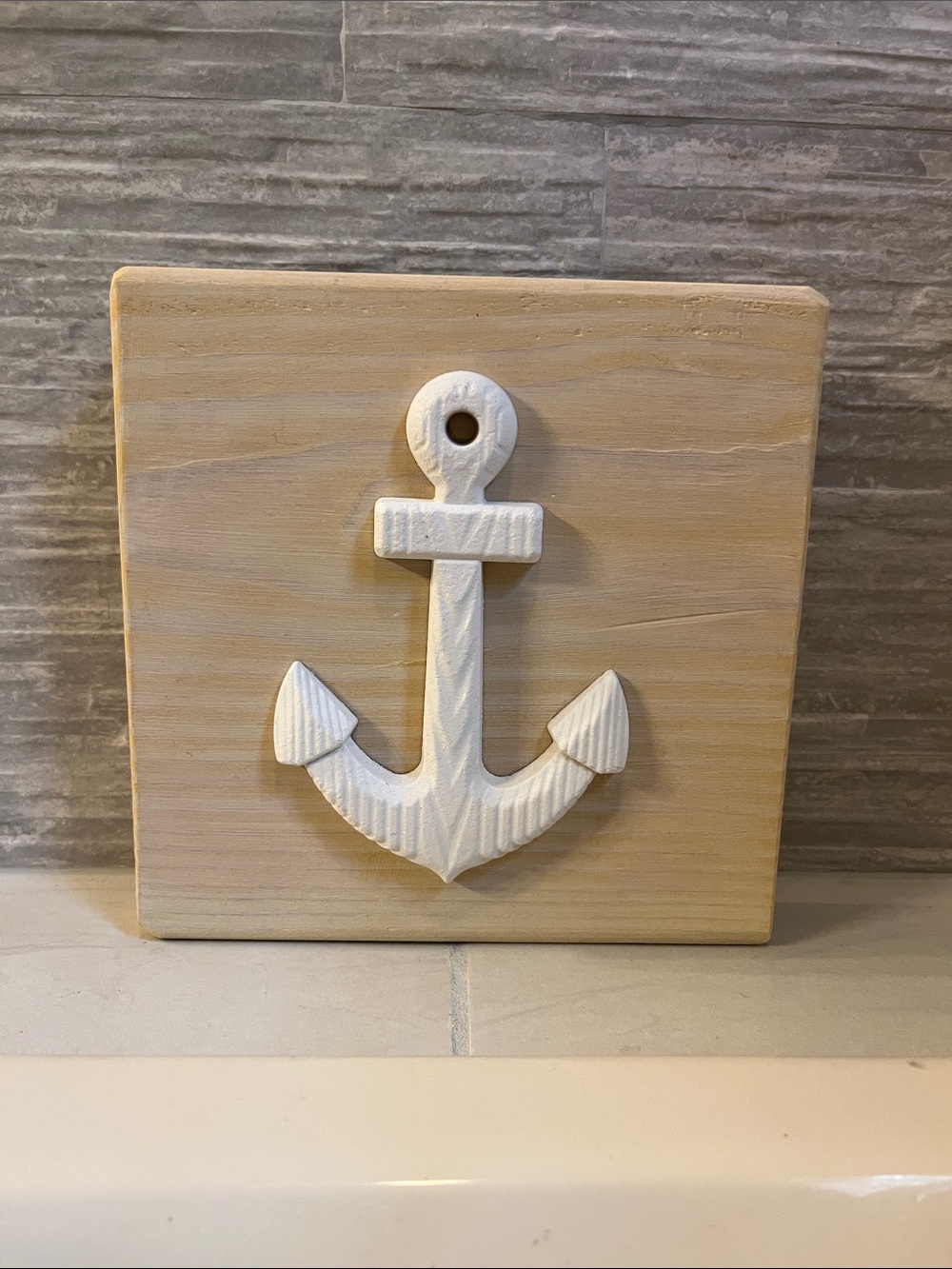 Wooden Anchor Table Decor - White on Natural Wood